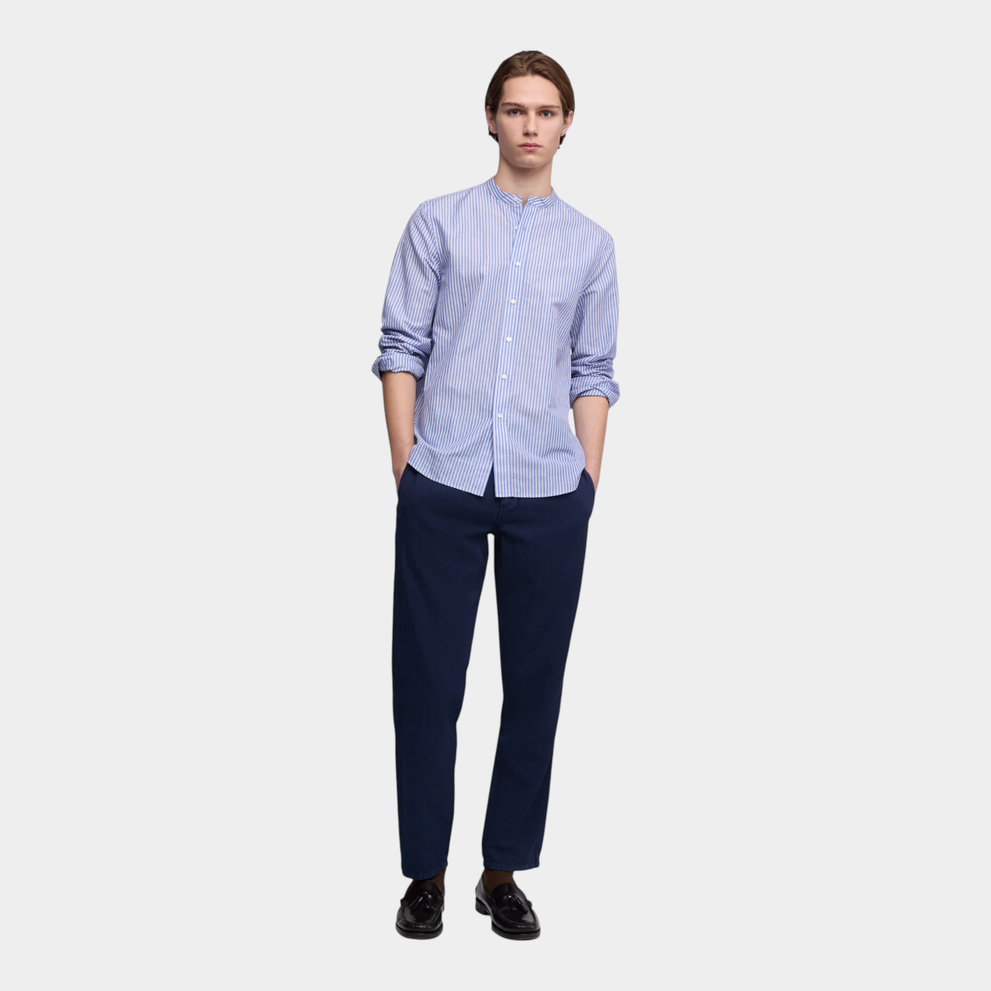Aspesi Camicia Cotone e Lino Rigata alla coreana - Blu