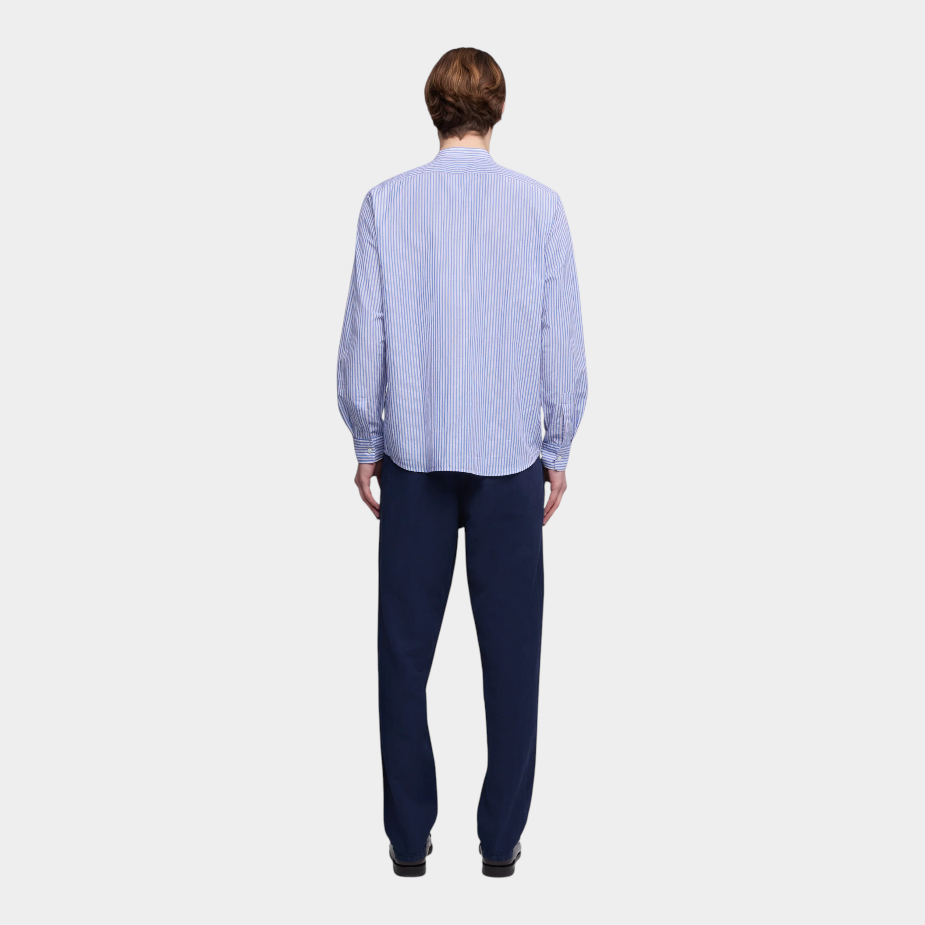 Aspesi Camicia Cotone e Lino Rigata alla coreana - Blu