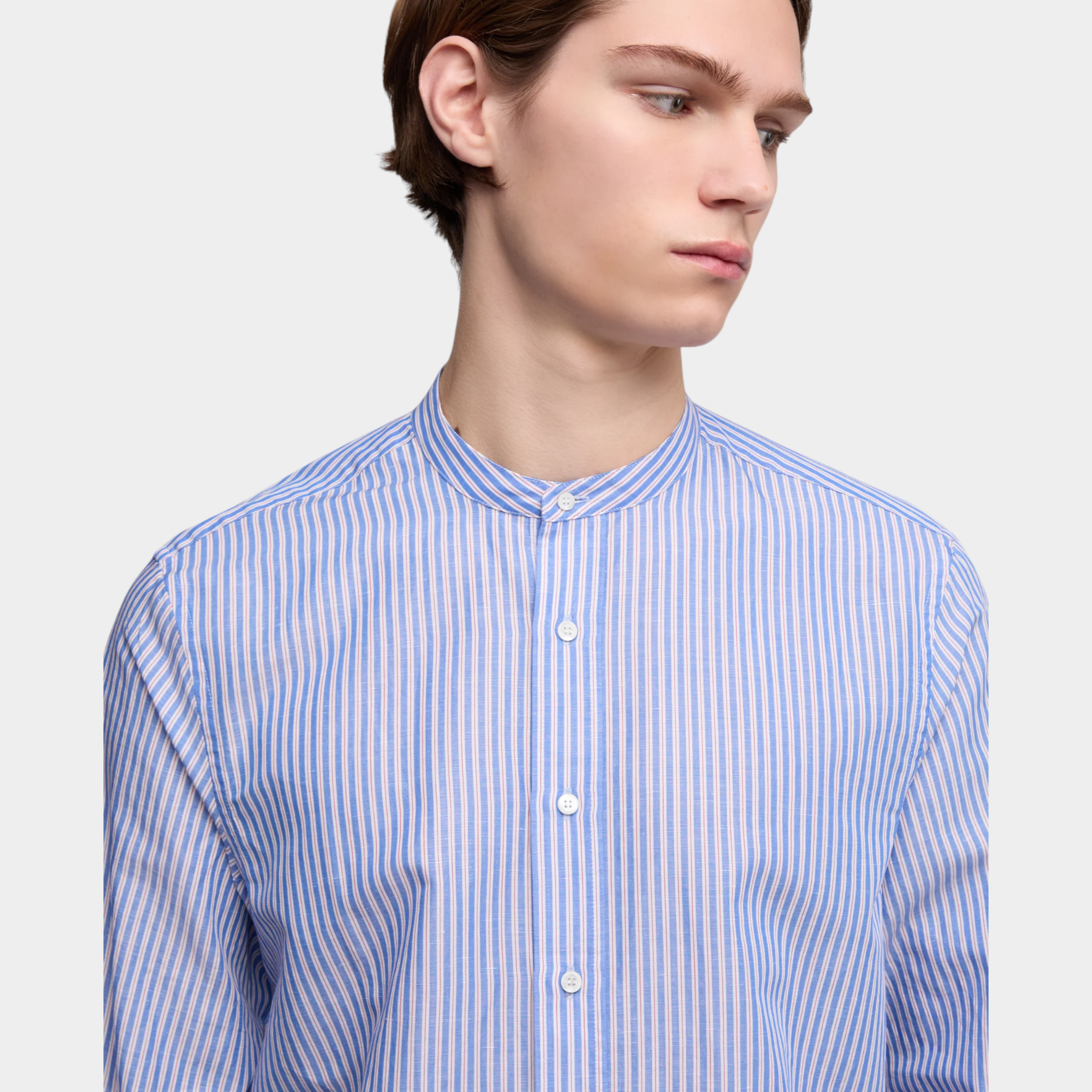 Aspesi Camicia Cotone e Lino Rigata alla coreana - Blu