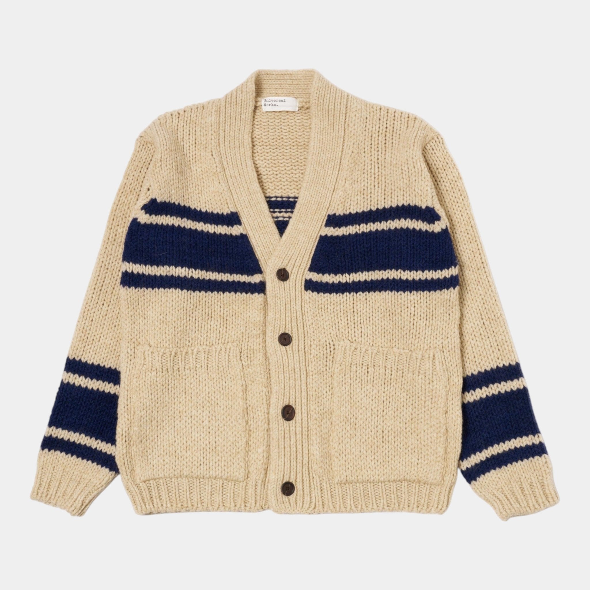 UNIVERSAL WORKS Universal Works Cardigan Langdale a righe - Sabbia/Blu - Hubert Humangoods